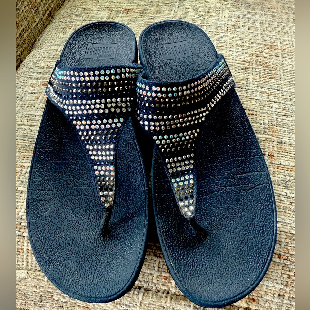 FitFlop Shoes Womens Size 9 Navy Suede and Multi Color Stones Thong Sandals